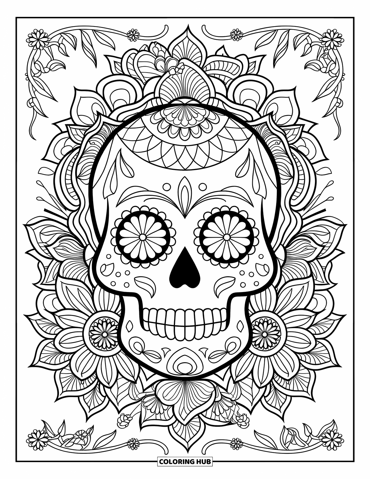 Female Sugar Skull Coloring Page for Adults: Sugar skull with floral mandalas and decorative vine border