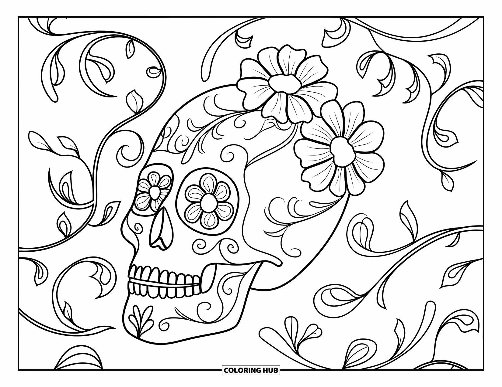 Female Sugar Skull Coloring Page for Adults: Sugar skull with flowers and swirling vines in a peaceful layout