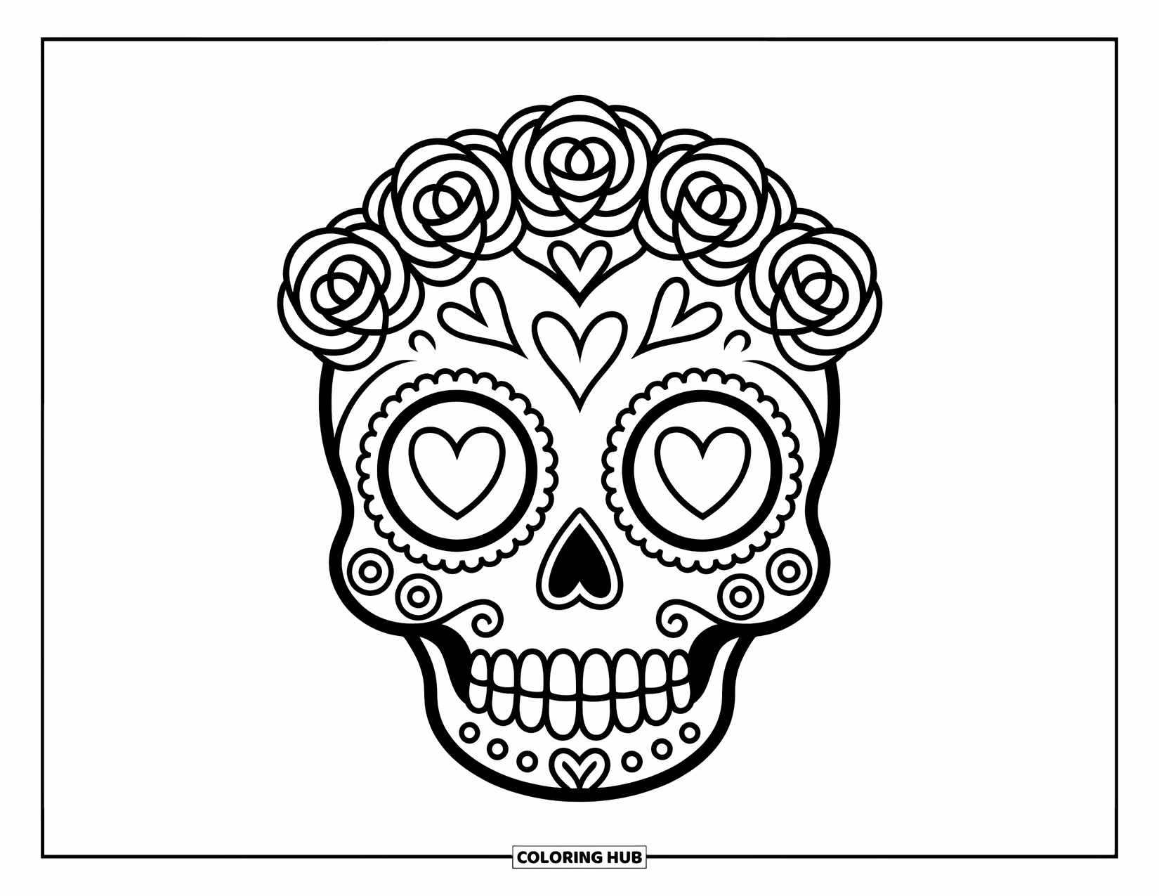 Female Sugar Skull Coloring Page for Adults: Sugar skull with heart-dotted eyes, tulip nose, rose crown, and butterfly chin swirls