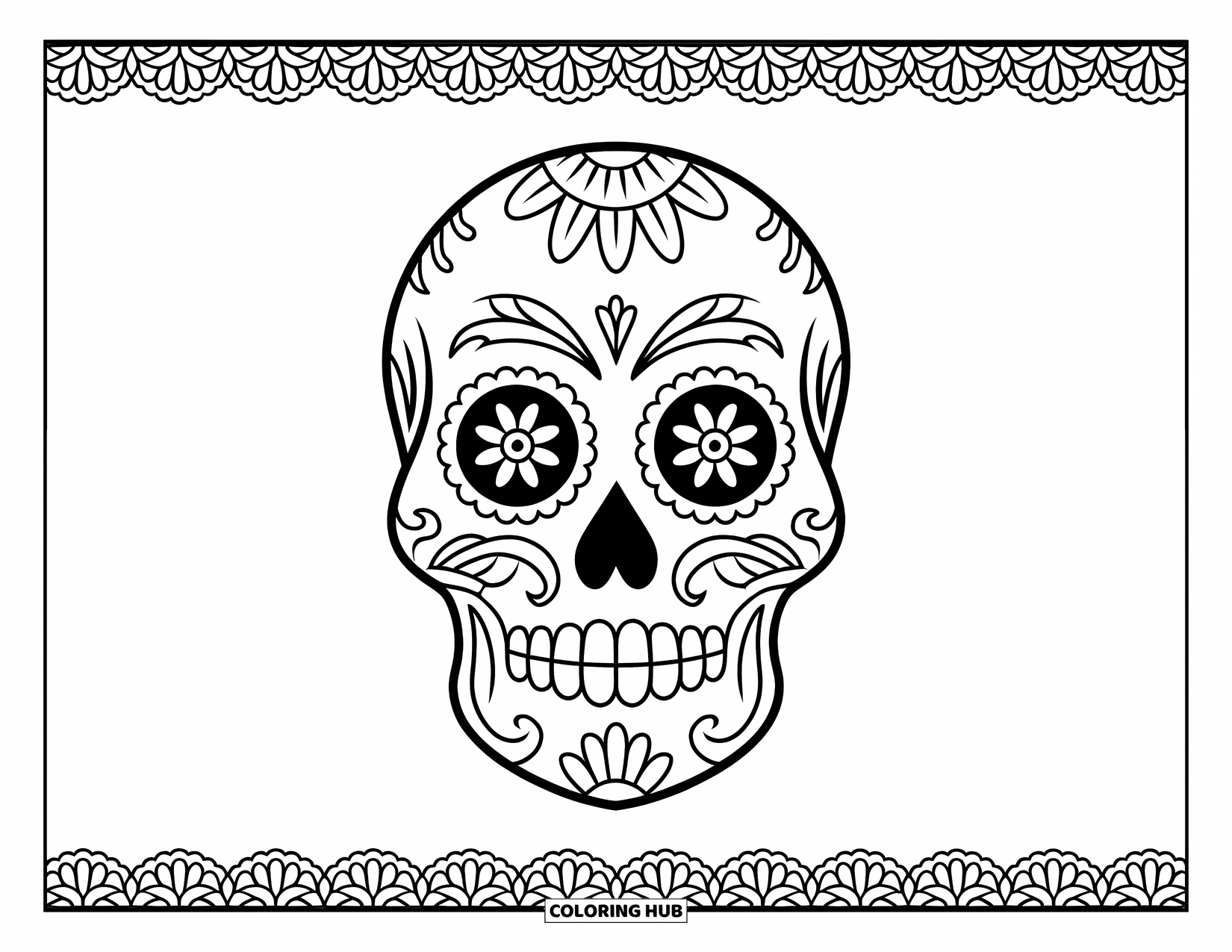 Female Sugar Skull Coloring Page for Adults: Sugar skull with lace borders and detailed forehead patterns