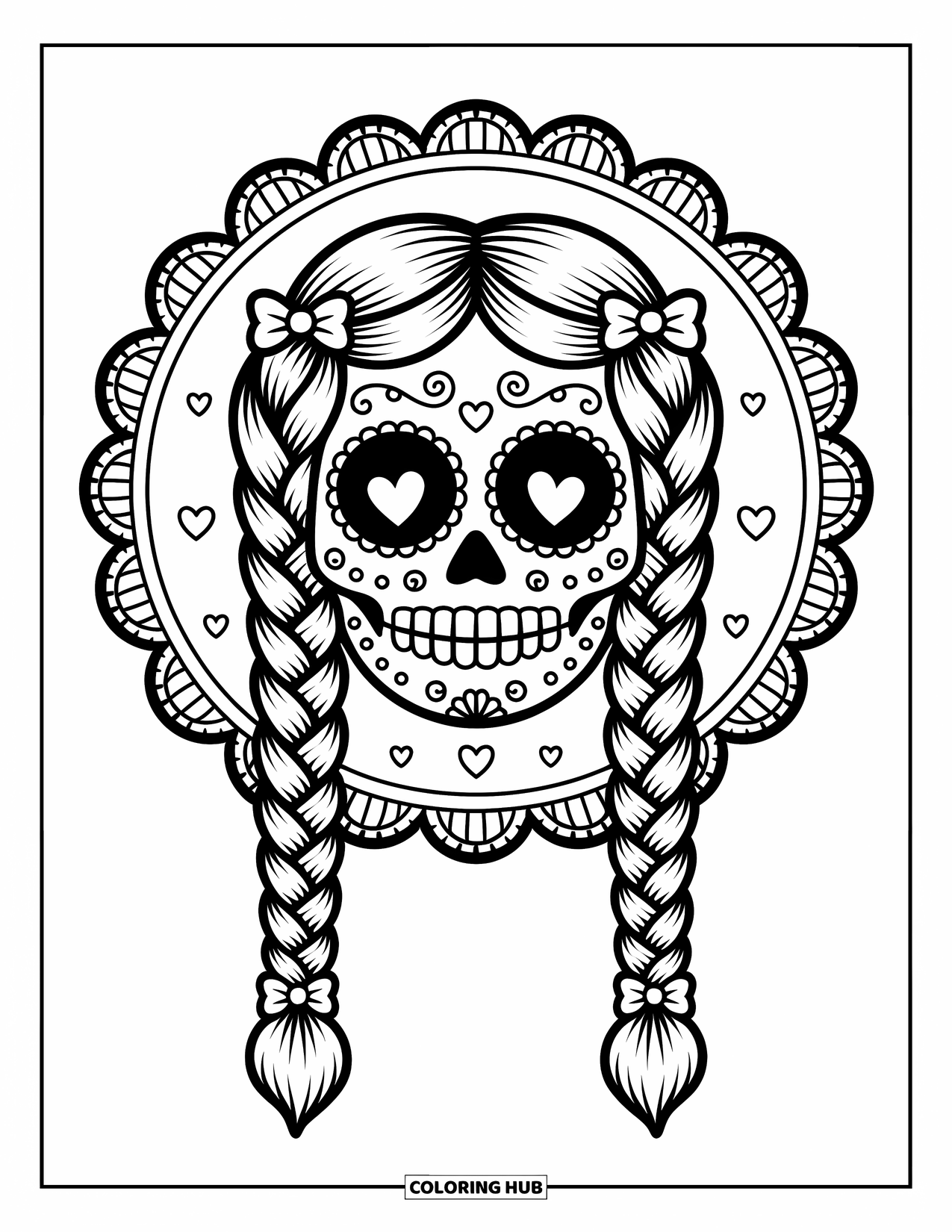 Female Sugar Skull Coloring Page for Adults: Sugar skull with long braids, spiral cheeks, and lace medallion backdrop