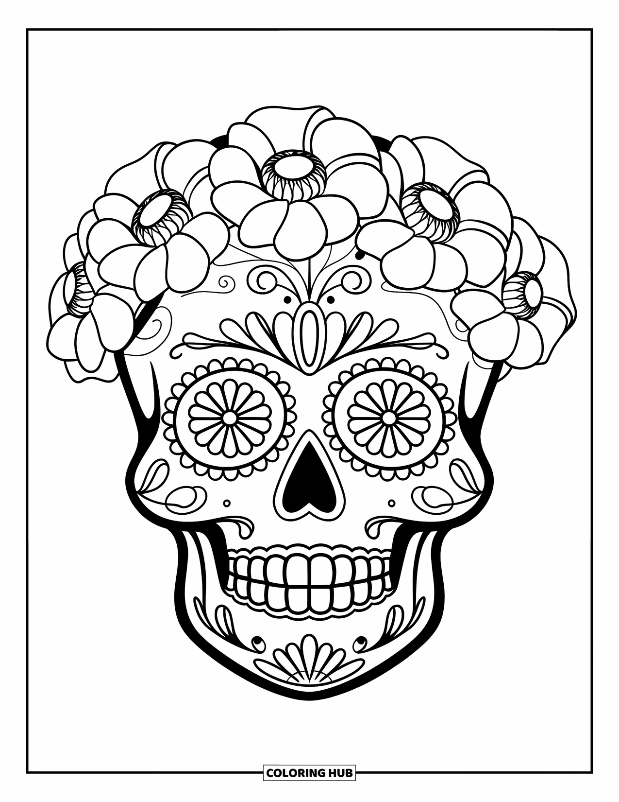 Female Sugar Skull Coloring Page for Adults: Sugar skull with marigold crown and cheek designs
