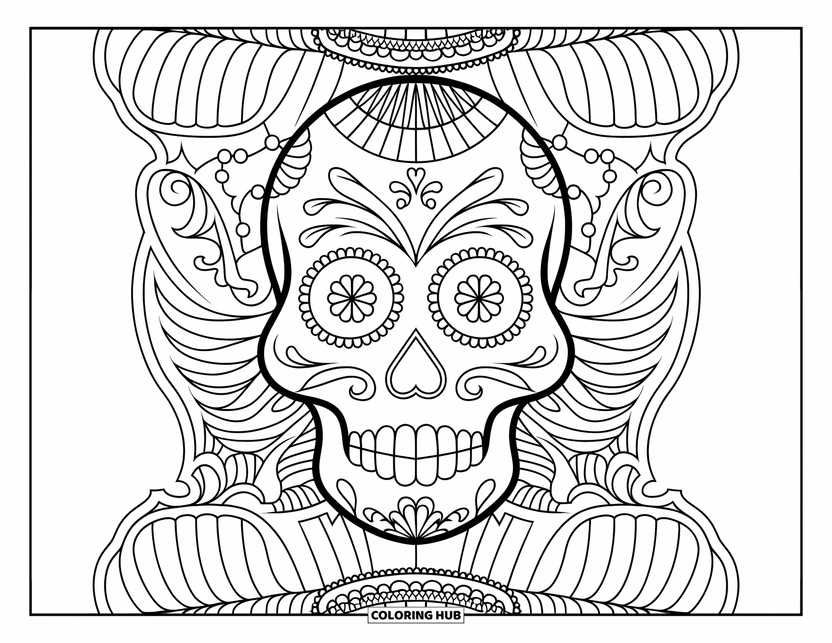 Female Sugar Skull Coloring Page for Adults: Symmetrical sugar skull with swirls, lace, and floral designs