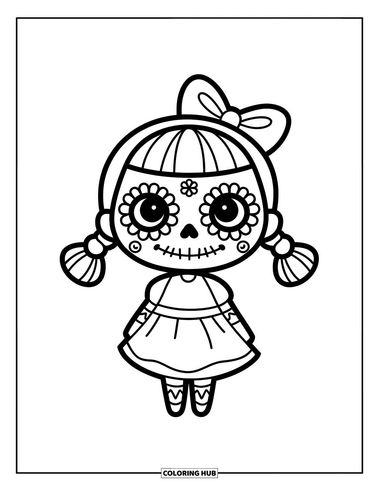 Female Sugar Skull Coloring Page for Kids: Cute sugar skull girl with pigtails, bow, and flower cheeks