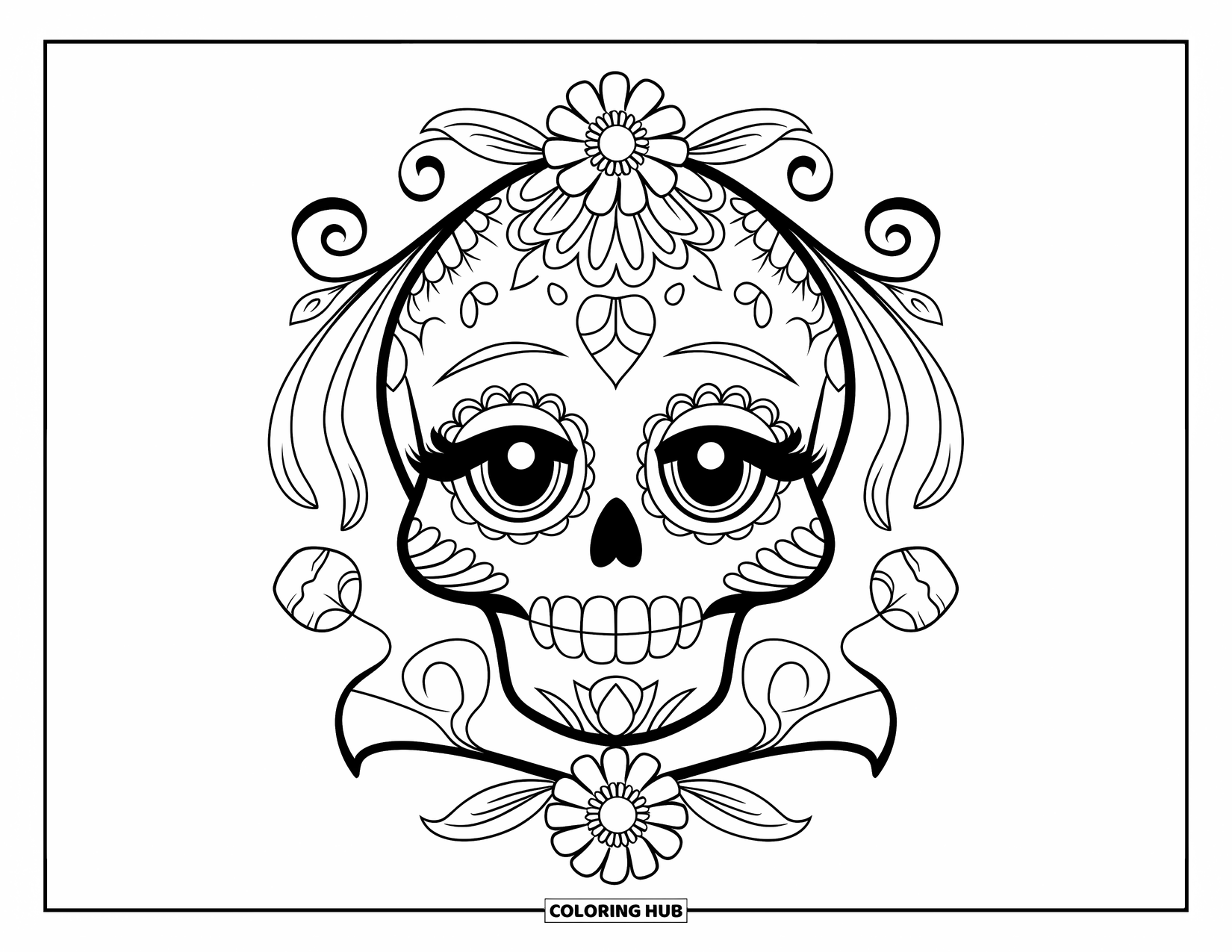 Female Sugar Skull Coloring Page for Kids: Cute sugar skull with gentle smile surrounded by flowers and swirls