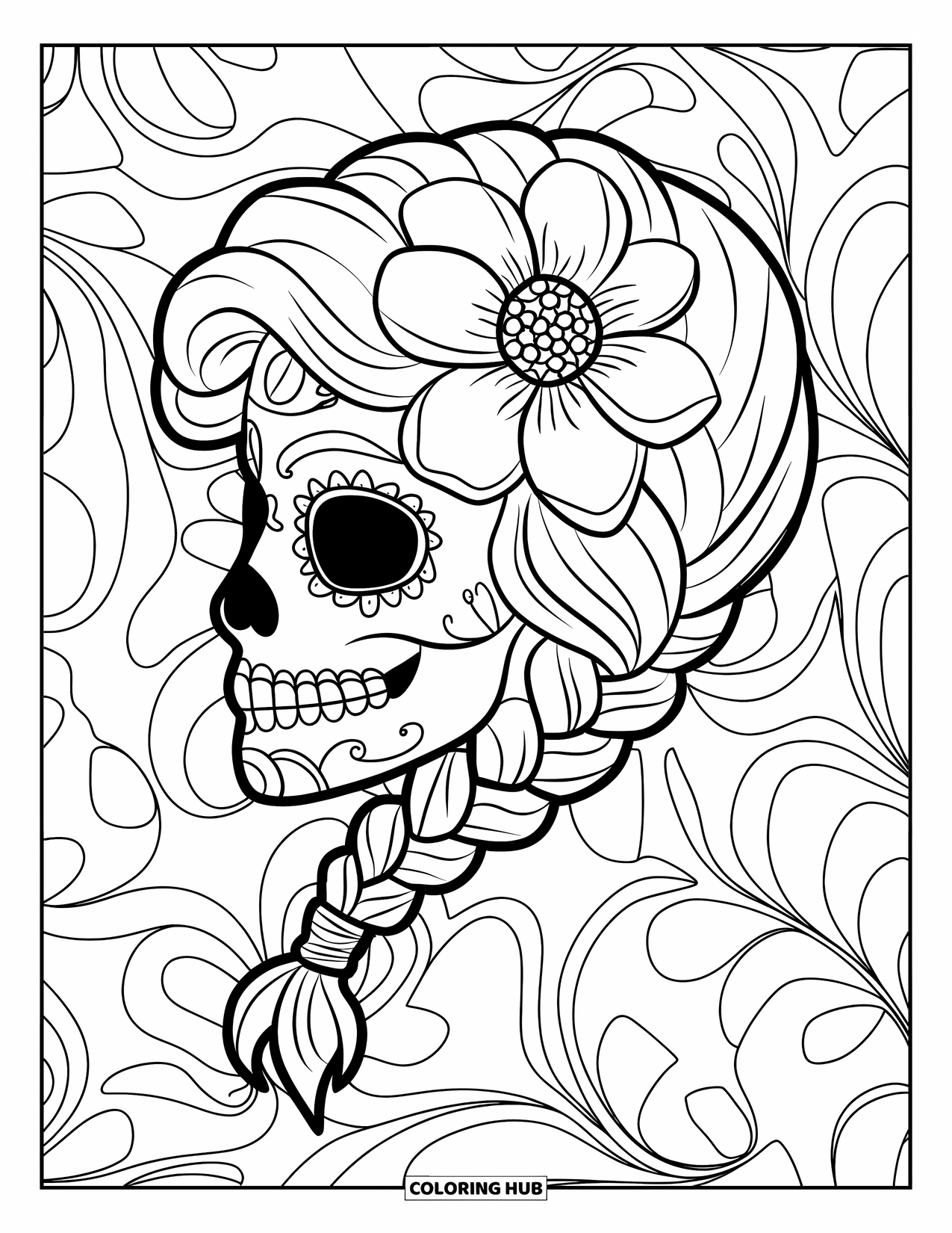 Female Sugar Skull Coloring Page for Kids: High-braided sugar skull with flower head and floral swirls