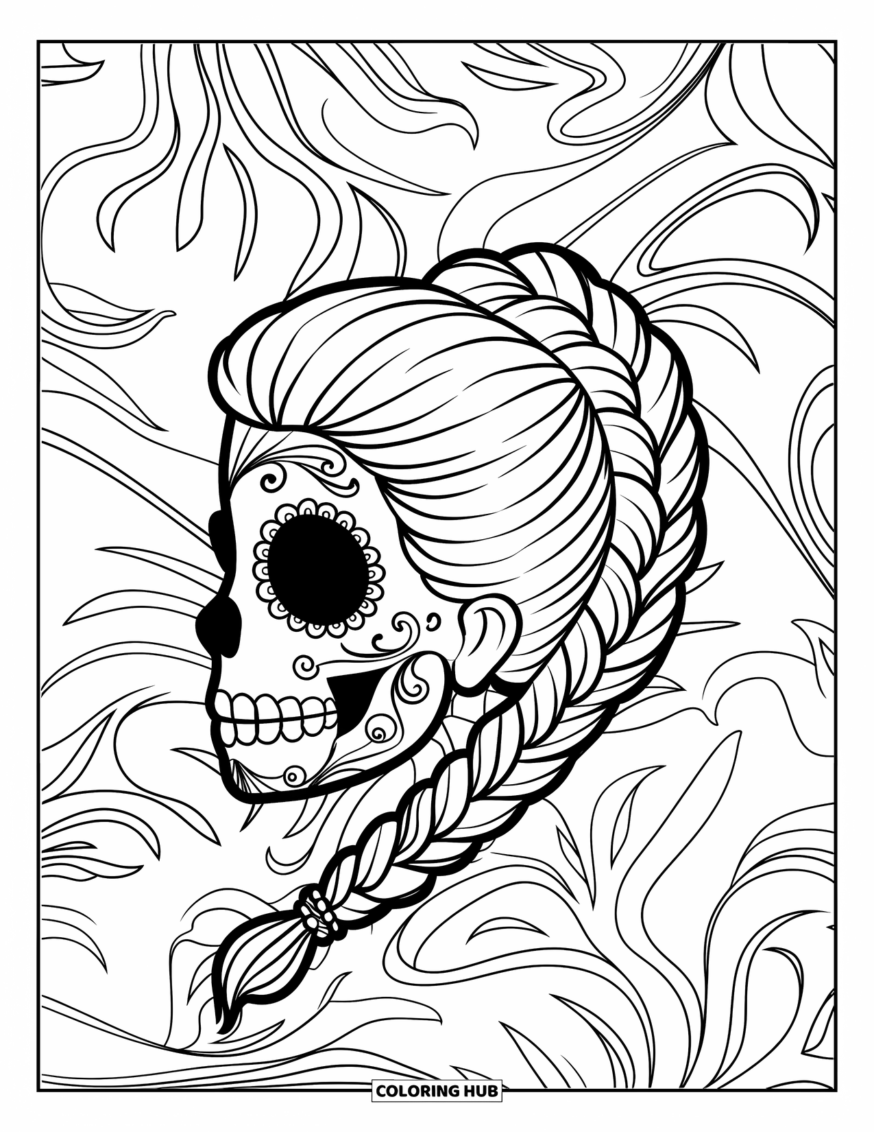 Female Sugar Skull Coloring Page for Kids: Side-profile sugar skull with a high braid and swirling floral background
