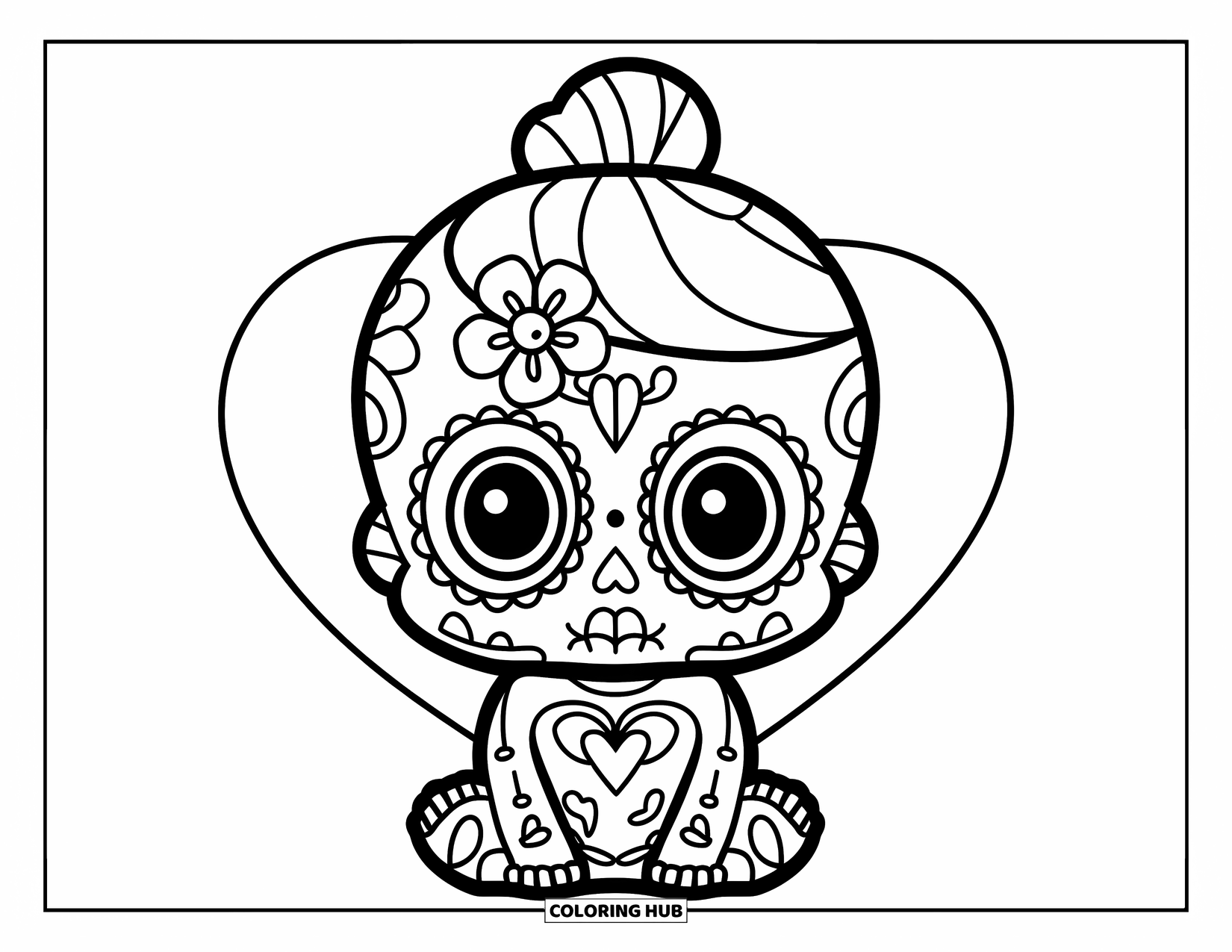 Female Sugar Skull Coloring Page for Kids: Sitting baby sugar skull with a flower on her forehead and a heart nearby