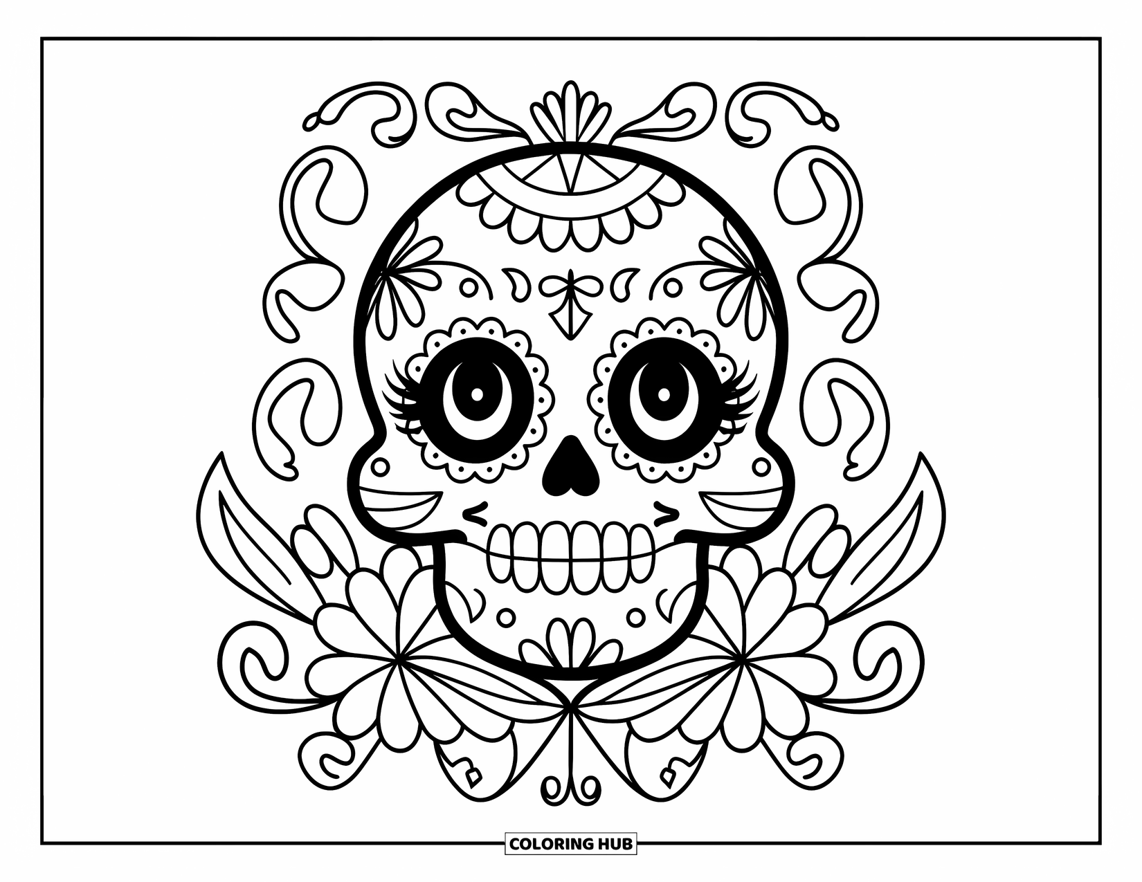 Female Sugar Skull Coloring Page for Kids: Smiling sugar skull framed with flowers and swirling shapes