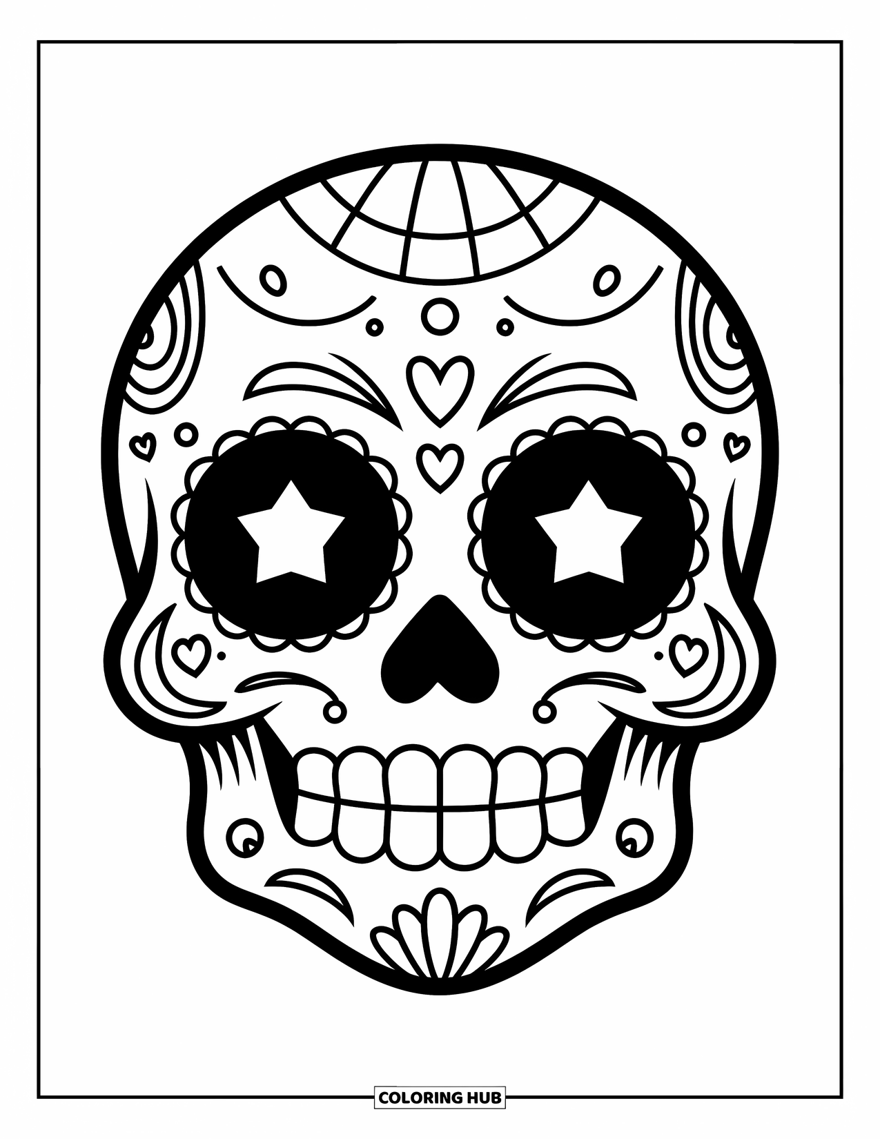 Female Sugar Skull Coloring Page for Kids: Smiling sugar skull with hearts in her mouth and starry eyes