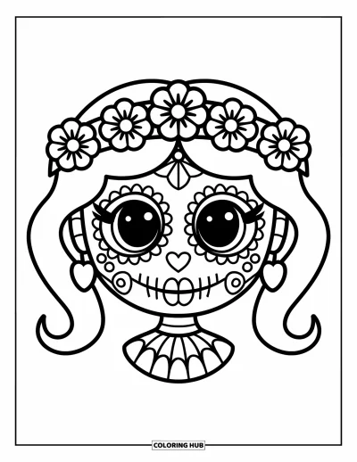 Tegning af kvindeligt sukkerhoved til børn: Smilende sukkerhoved med runde øjne, hjertenæse og blomsterkrone