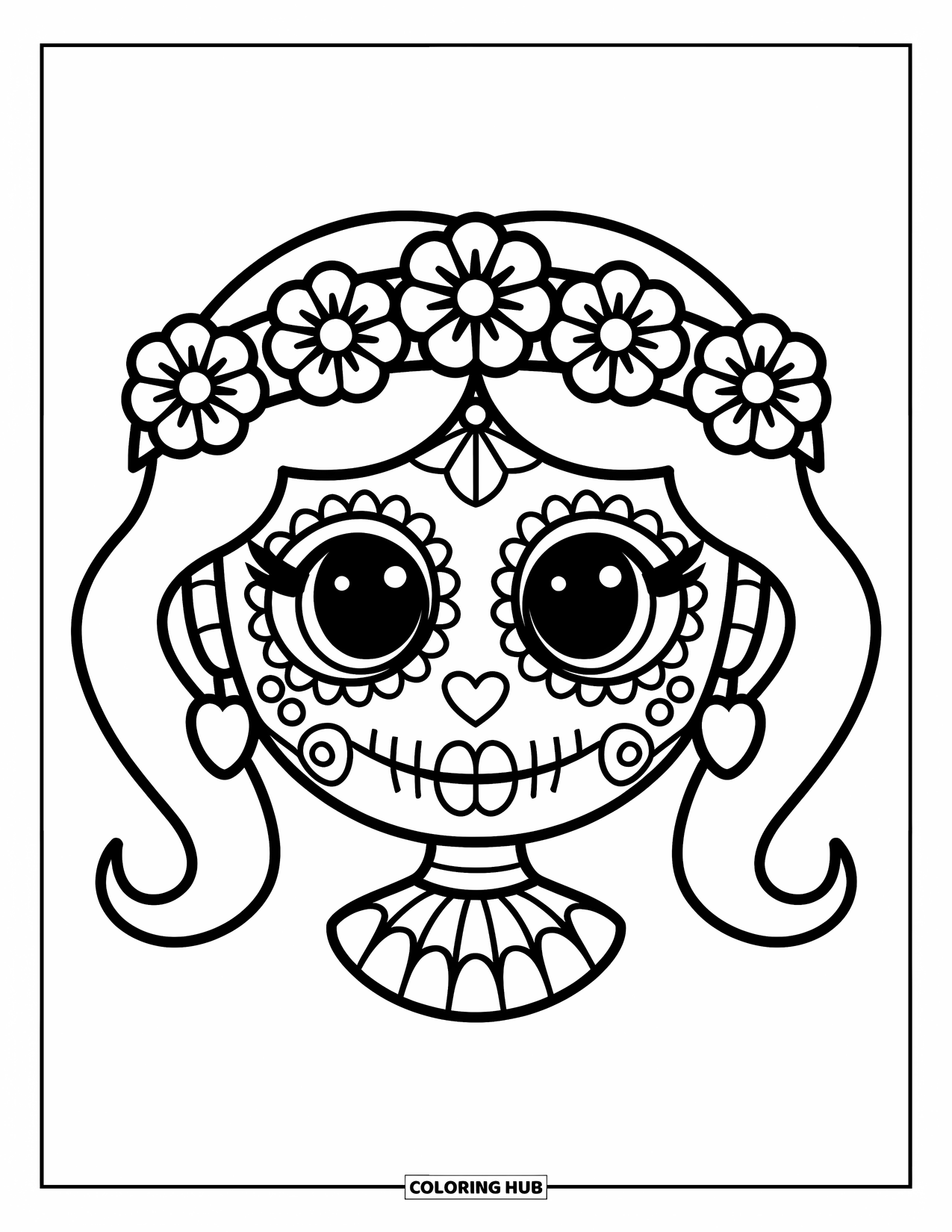 Female Sugar Skull Coloring Page for Kids: Smiling sugar skull with round eyes, heart nose, and flower crown