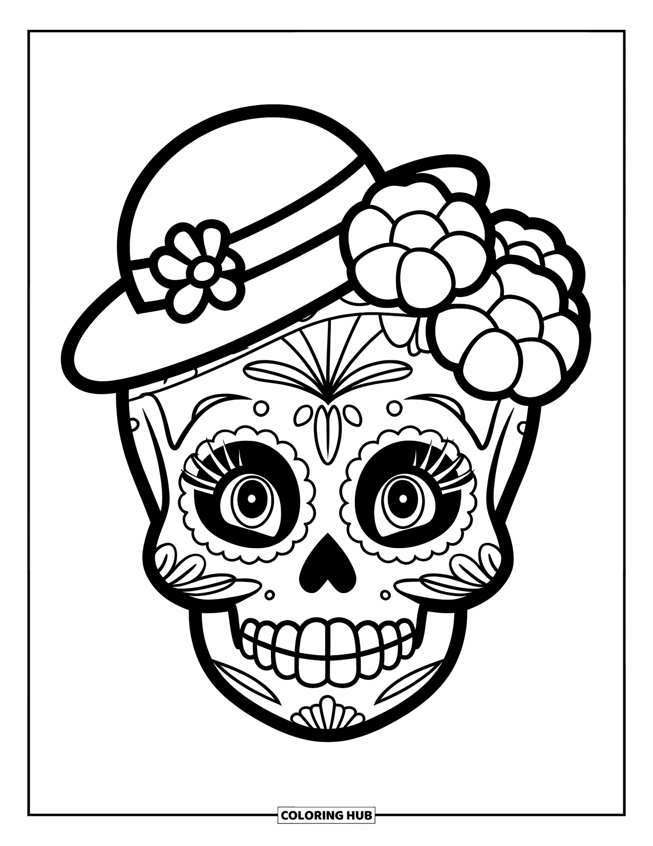 Female Sugar Skull Coloring Page for Kids: Smiling sugar skull with tiny hat and three marigolds
