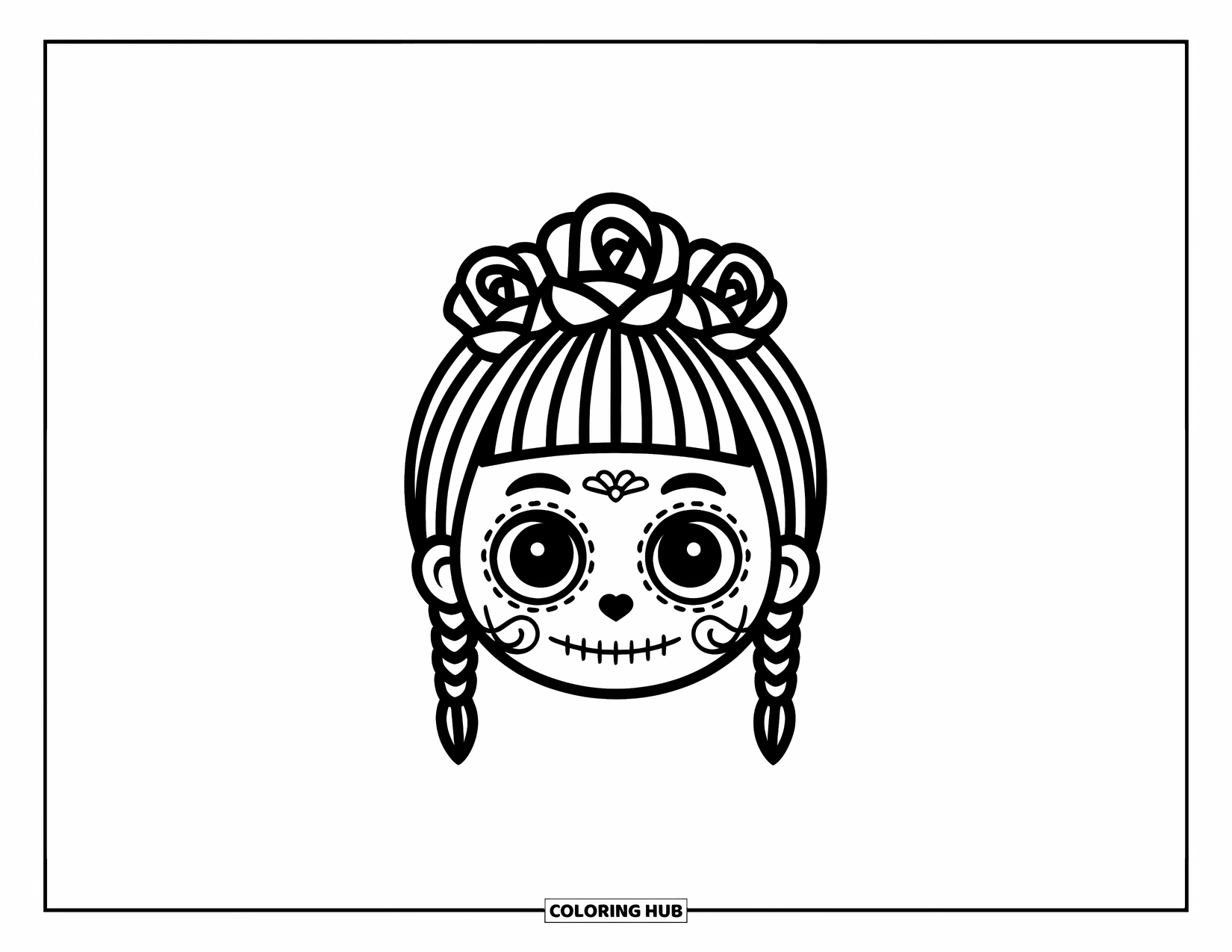 Female Sugar Skull Coloring Page for Kids: Sugar skull girl with a braid and three roses on top