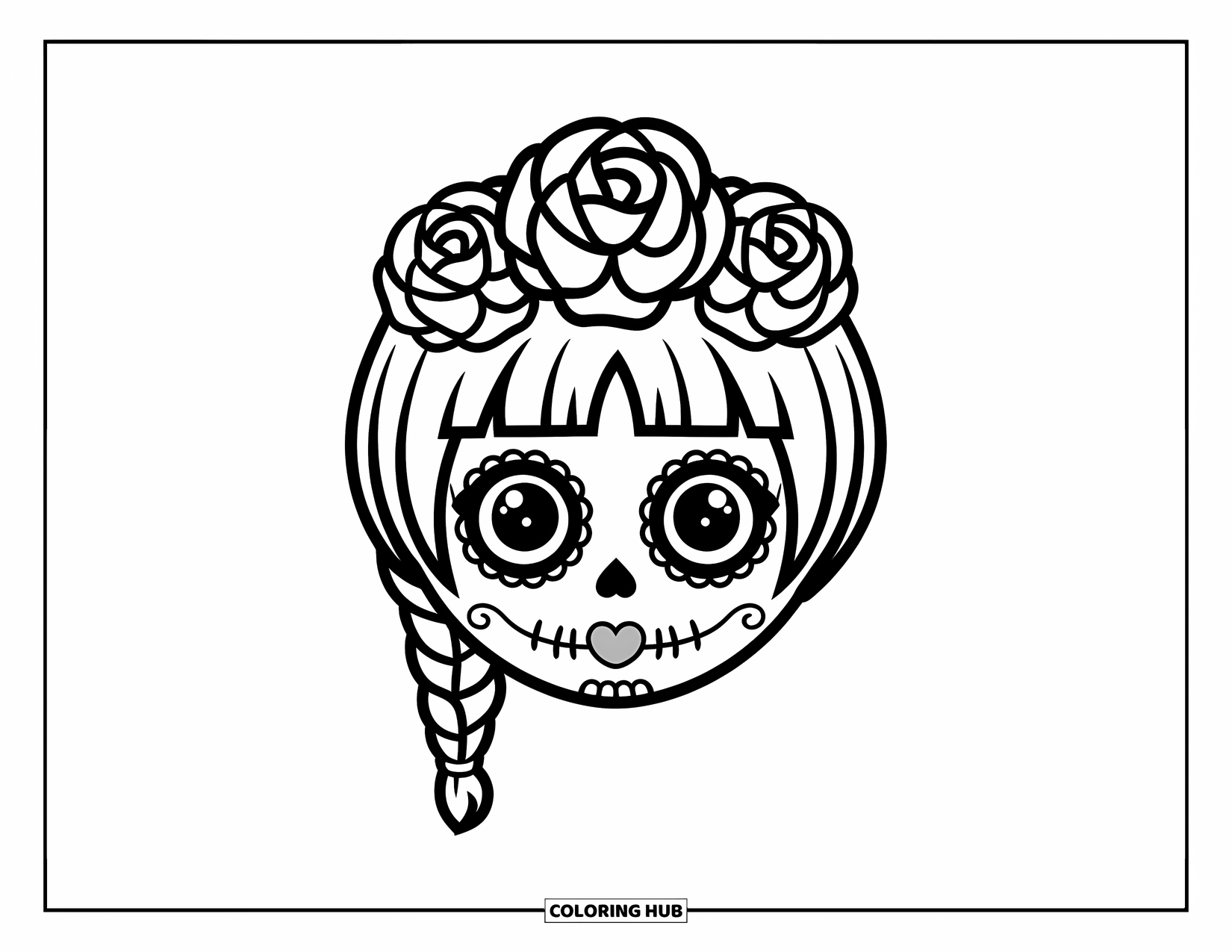 Female Sugar Skull Coloring Page for Kids: Sugar skull girl with braid, heart lips, and big eyes