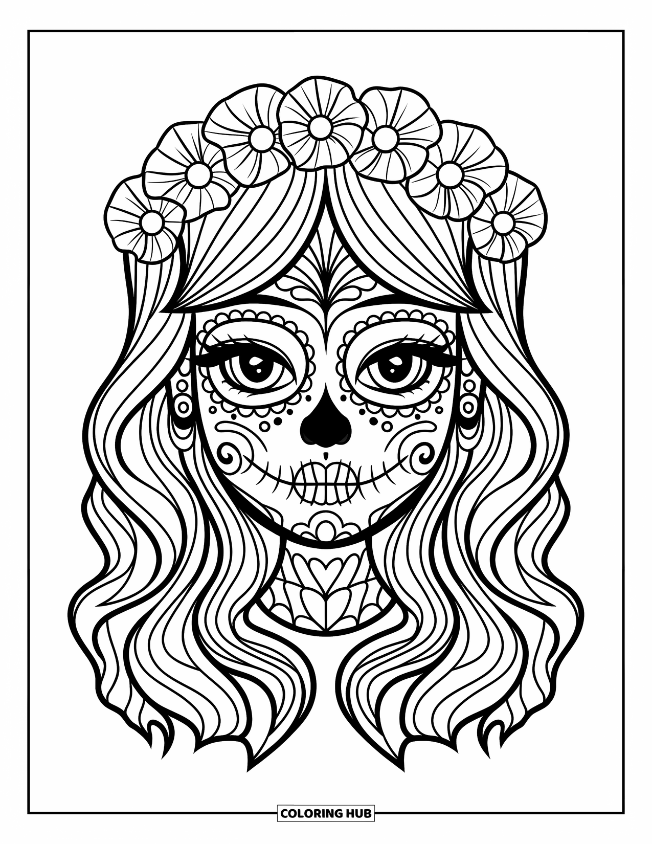 Female Sugar Skull Coloring Page for Kids: Sugar skull girl with flower crown and vibrant patterns on her cheeks