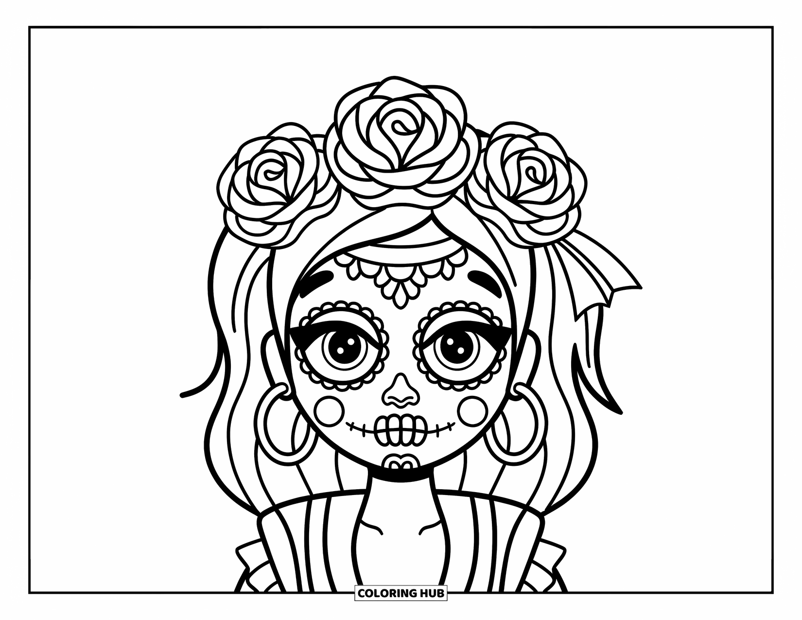 Female Sugar Skull Coloring Page for Kids: Sugar skull girl with pink cheeks, hoop earrings, and a ribbon in her hair