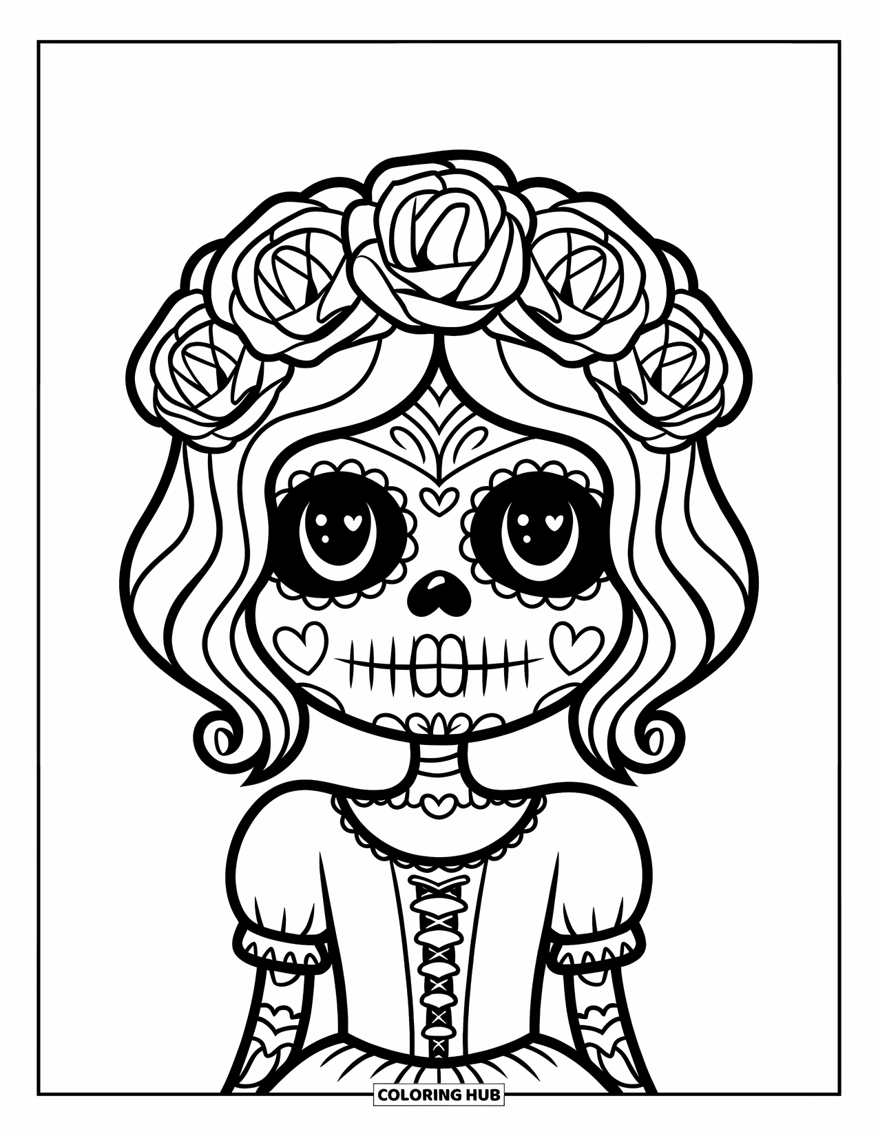 Female Sugar Skull Coloring Page for Kids: Sugar skull girl with roses and a lace-up dress