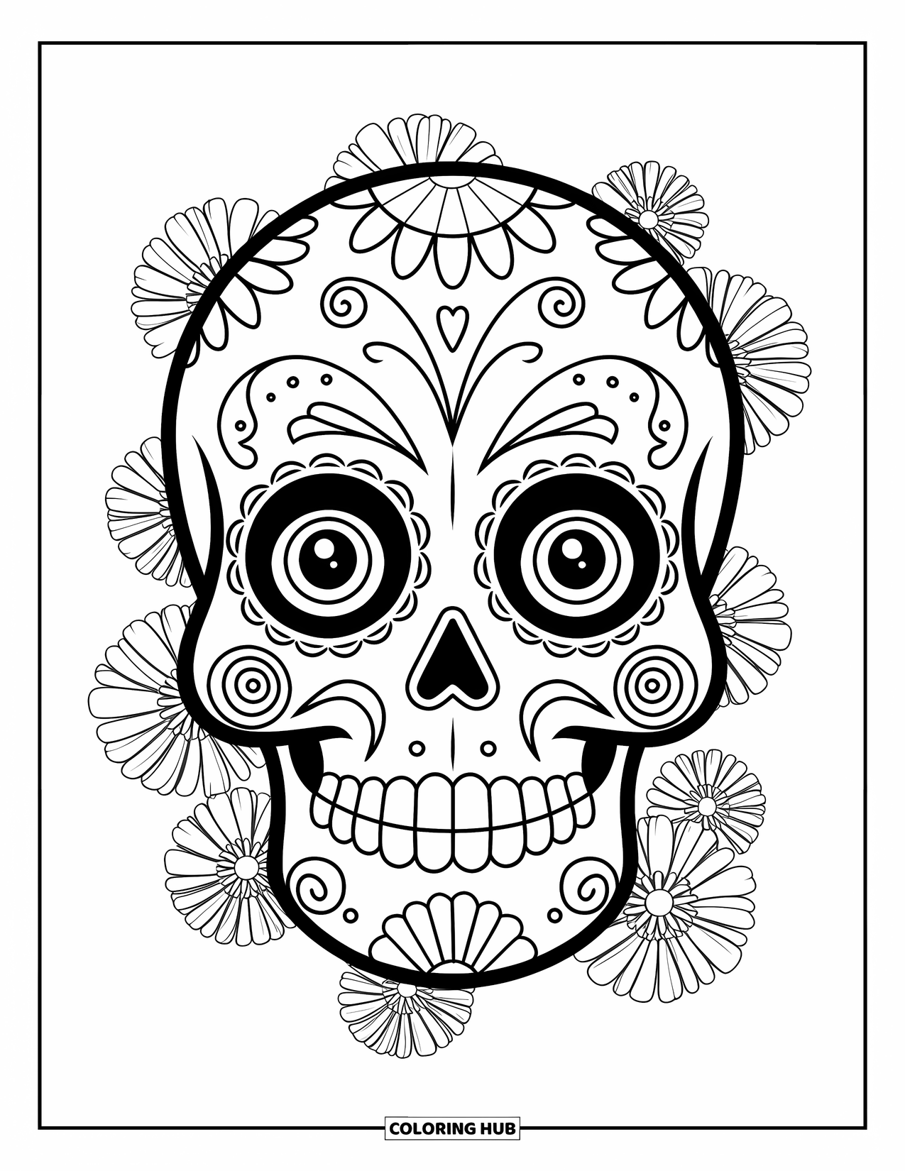 Female Sugar Skull Coloring Page for Kids: Sugar skull with bold eyes, spiral cheeks, and marigolds around the face