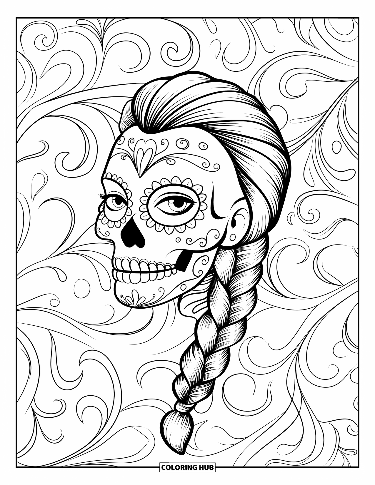 Female Sugar Skull Coloring Page for Kids: Sugar skull with braid and swirling floral designs around her head
