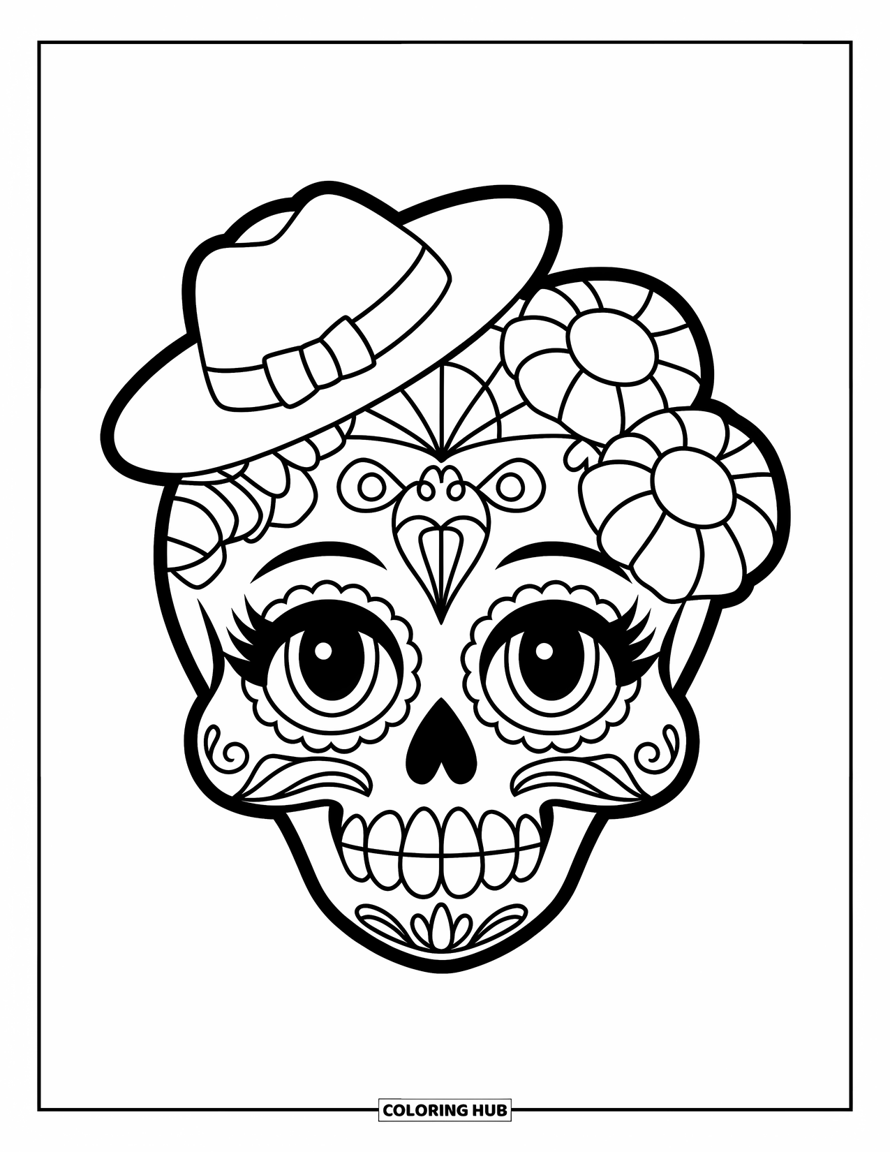 Female Sugar Skull Coloring Page for Kids: Sugar skull with lashes, little hat, and three marigolds
