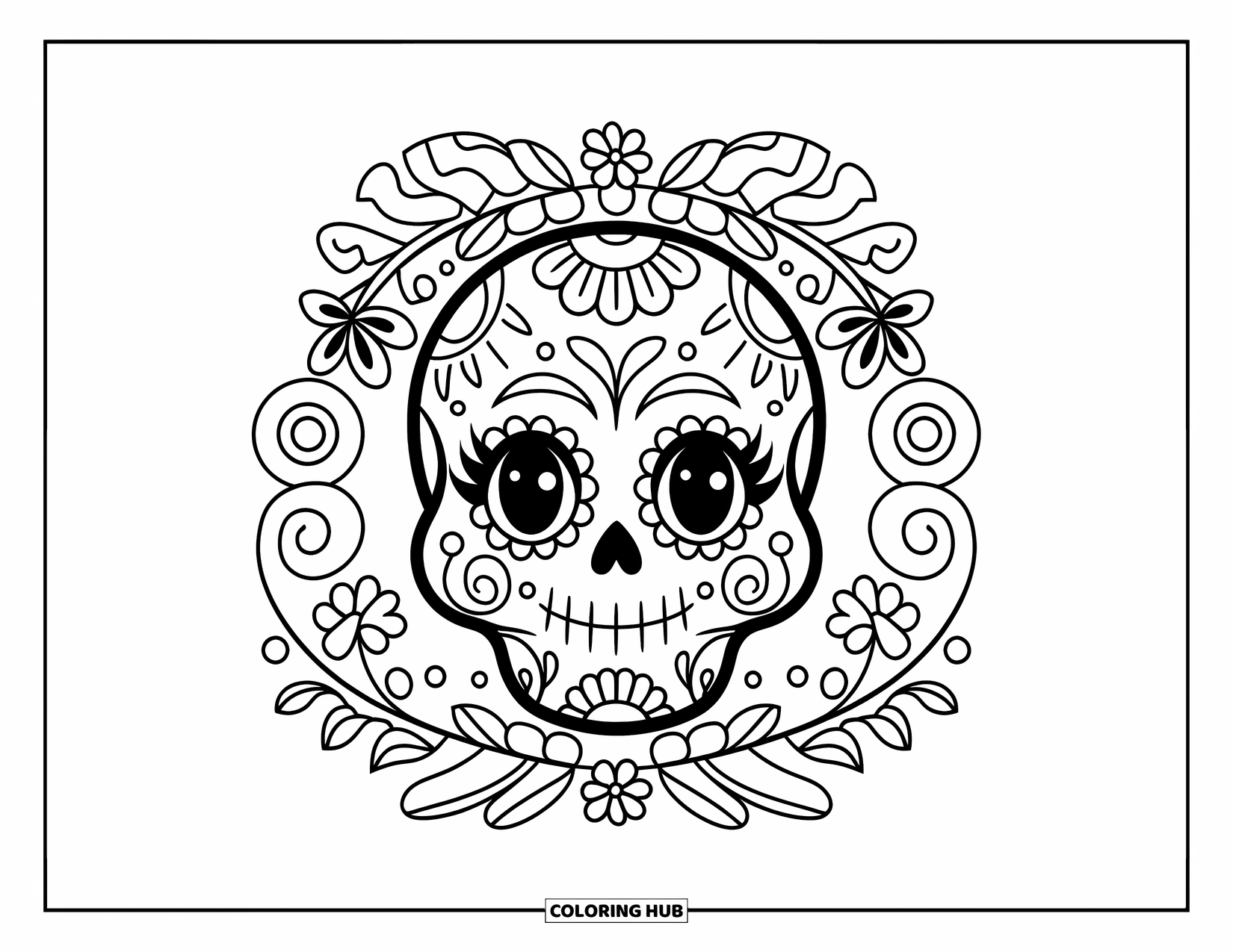 Female Sugar Skull Coloring Page for Kids: Sugar skull with long lashes, soft smile, and swirling floral frame