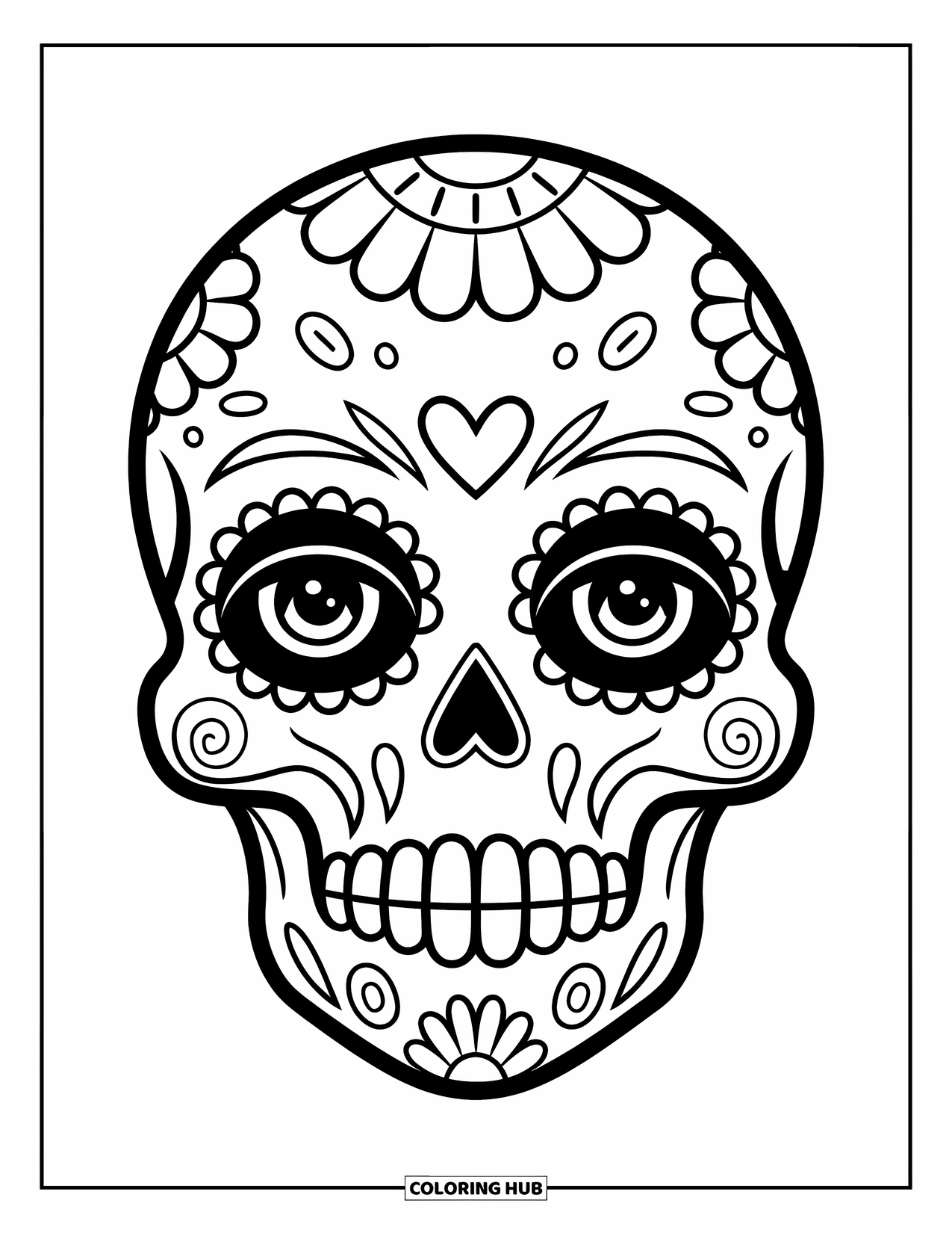 Female Sugar Skull Coloring Page for Kids: Sugar skull with marigolds, spiral cheeks, and a heart on the forehead