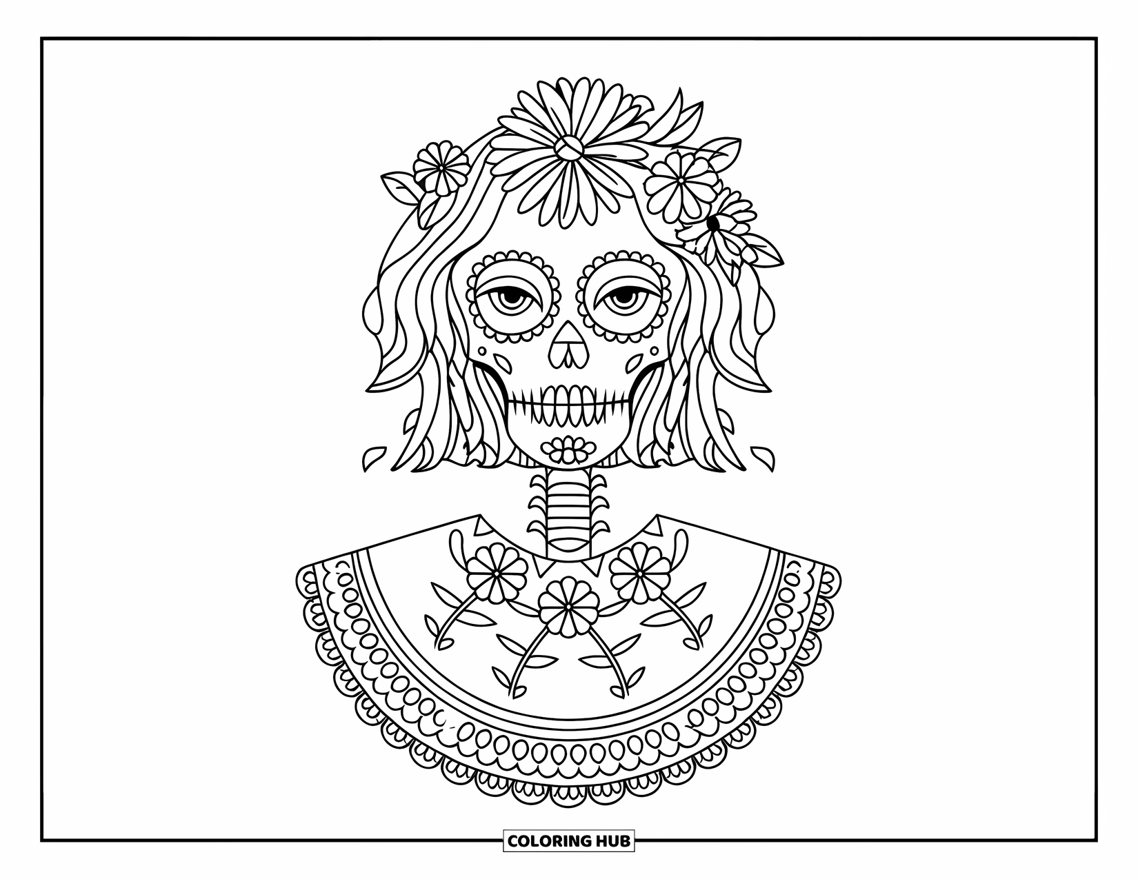 Female Sugar Skull Coloring Page for Kids: Sugar skull with vines on her cheeks and a lacy collar framed in flowers