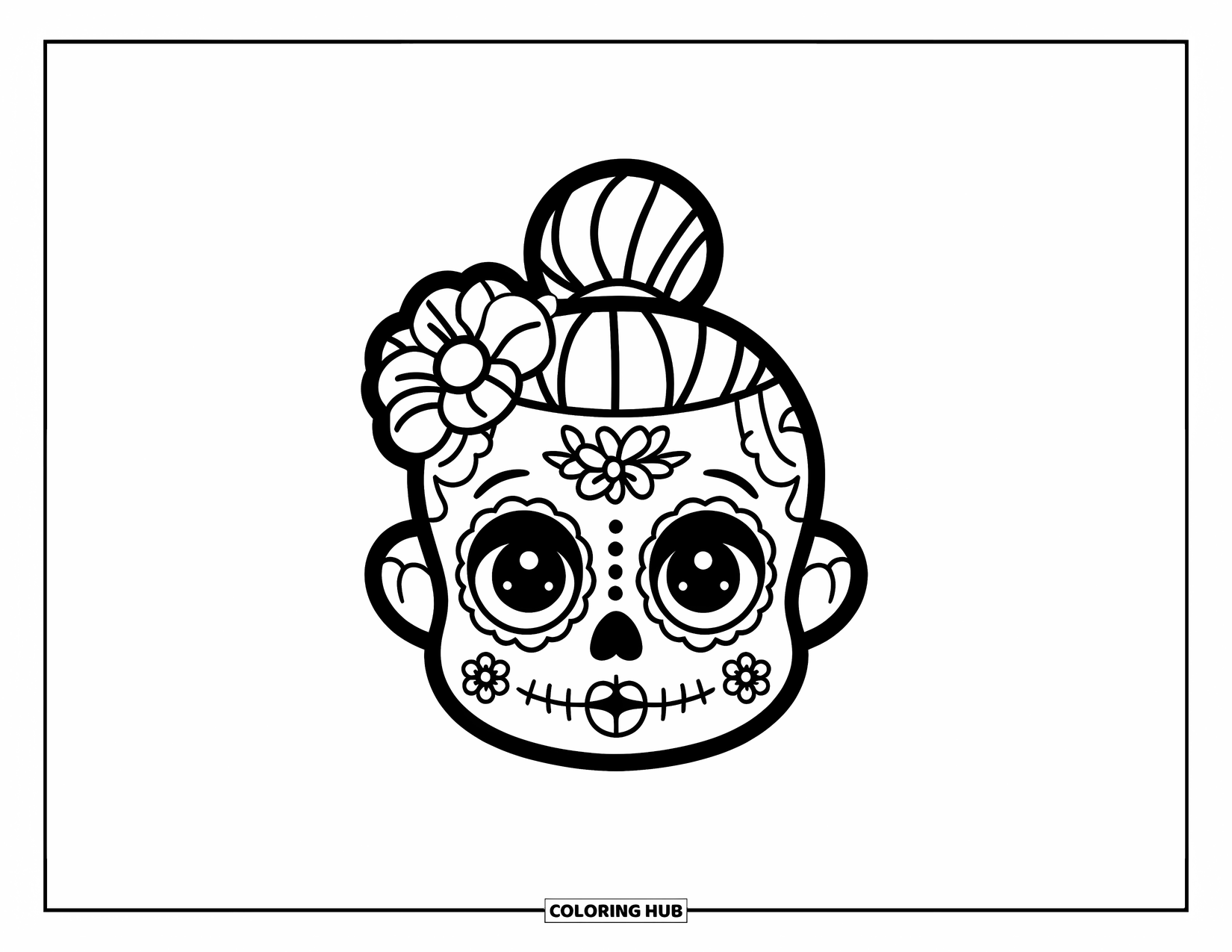 Female Sugar Skull Coloring Page for Kids: Sweet baby sugar skull with big eyes and flower cheeks