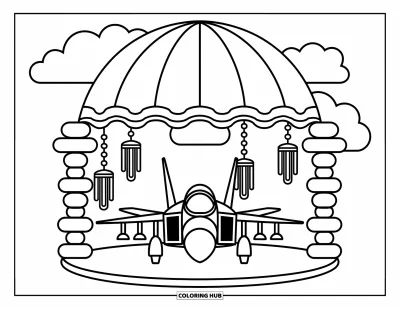 Coloriage de jet de combat pour adultes : Un avion repose tranquillement sous un dôme de rêve recouvert de nuages avec de délicats ornements suspendus