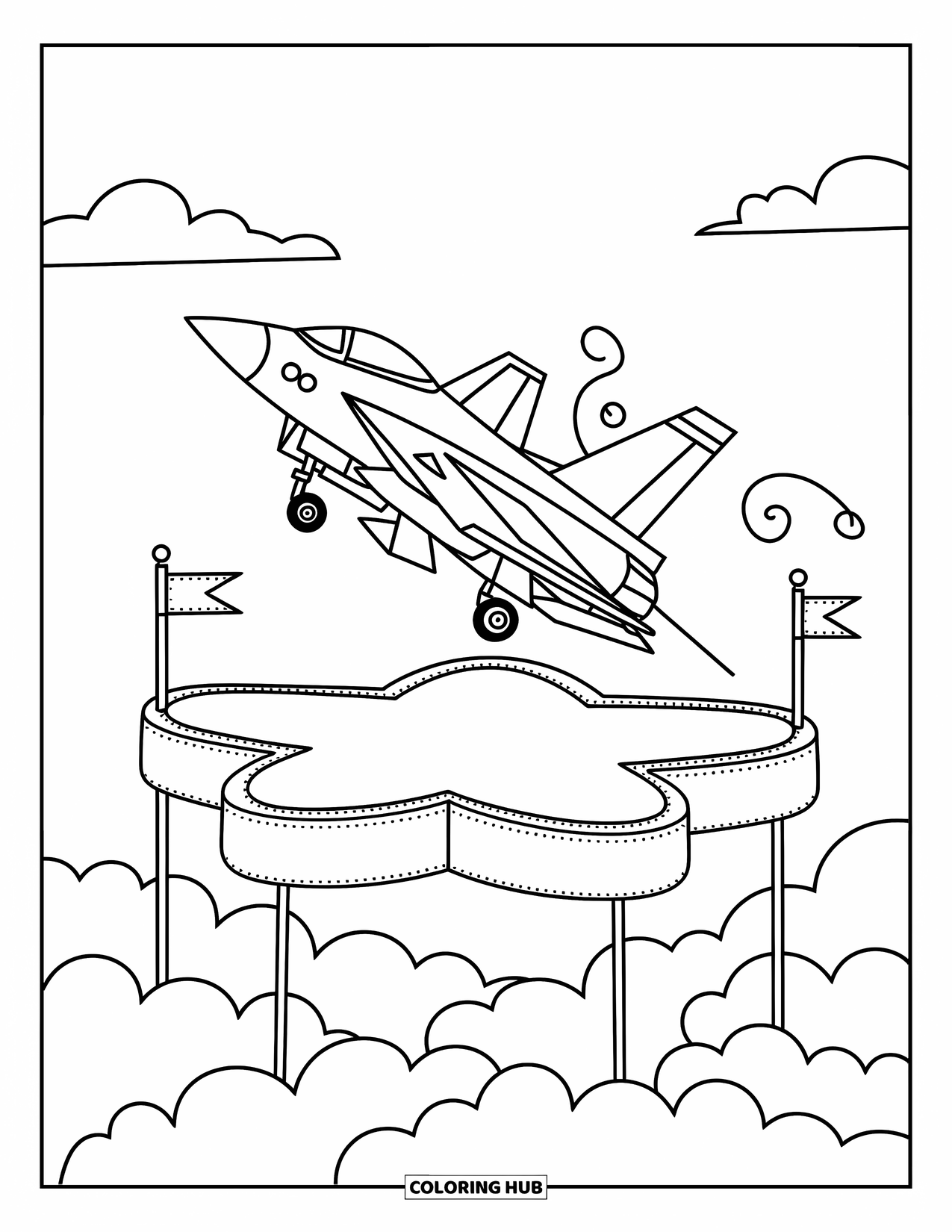 Fighter Jet Coloring Page for Adults: A cute jet descends onto a star-shaped platform resting on fluffy clouds