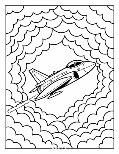 Coloriage de jet de combat pour adultes : Un adorable avion suit un tunnel de nuages parsemé de motifs espièges aux contours doux