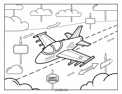 Coloriage de jet de combat pour adultes : Un adorable avion suit des panneaux et des nuages à travers un ciel plein de repères ludiques