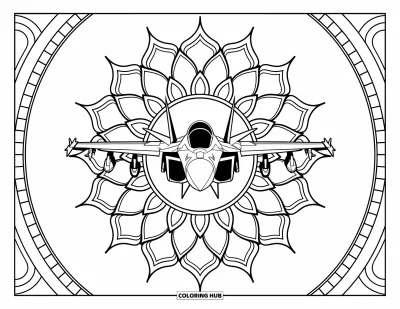 Coloriage de jet de combat pour adultes : Un avion de chasse traverse un mandala en forme de pétale aux motifs relaxants