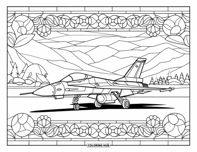 Coloriage de jet de combat pour adultes : Un avion de chasse repose dans un cadre de vitrail orné de fleurs et d'un paysage serein