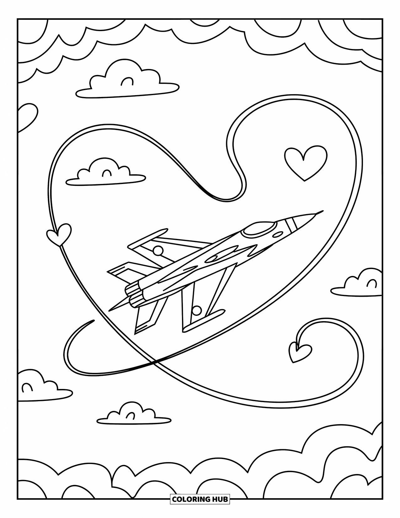 Fighter Jet Coloring Page for Adults: A happy jet spins through pillow-like clouds, leaving soft swirls behind