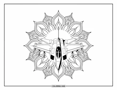 Coloriage de jet de combat pour adultes : Un avion avance à travers un mandala de pétales en couches avec des motifs en rayonnement solaire