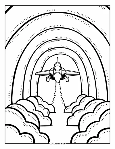 Coloriage de jet de combat pour adultes : Un avion vole à travers de douces arches nuageuses formant un tunnel délicat dans le ciel