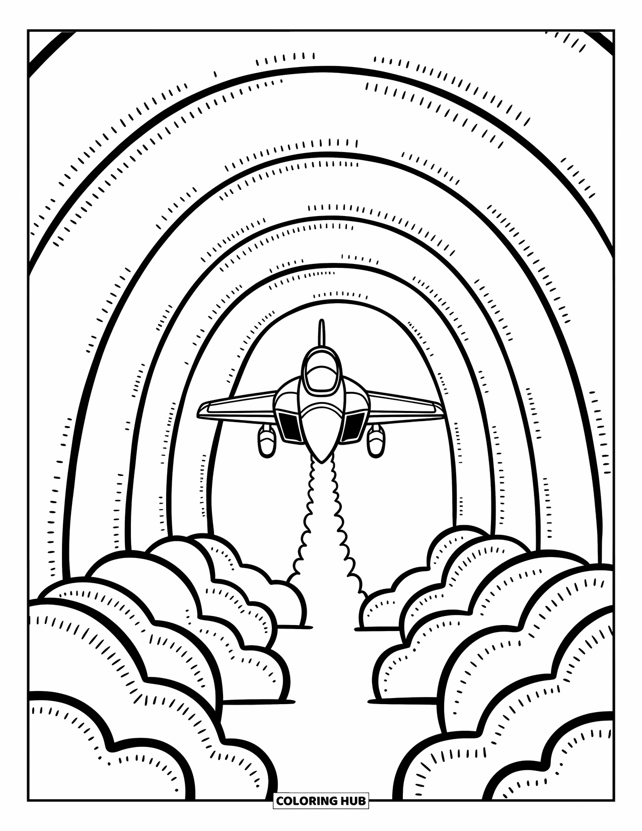 Fighter Jet Coloring Page for Adults: A jet flies through soft cloud arches forming a gentle tunnel in the sky
