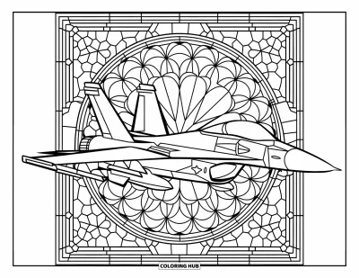 Coloriage de jet de combat pour adultes : Un avion centré dans des grilles de vitrail fleuri sur un fond blanc épuré