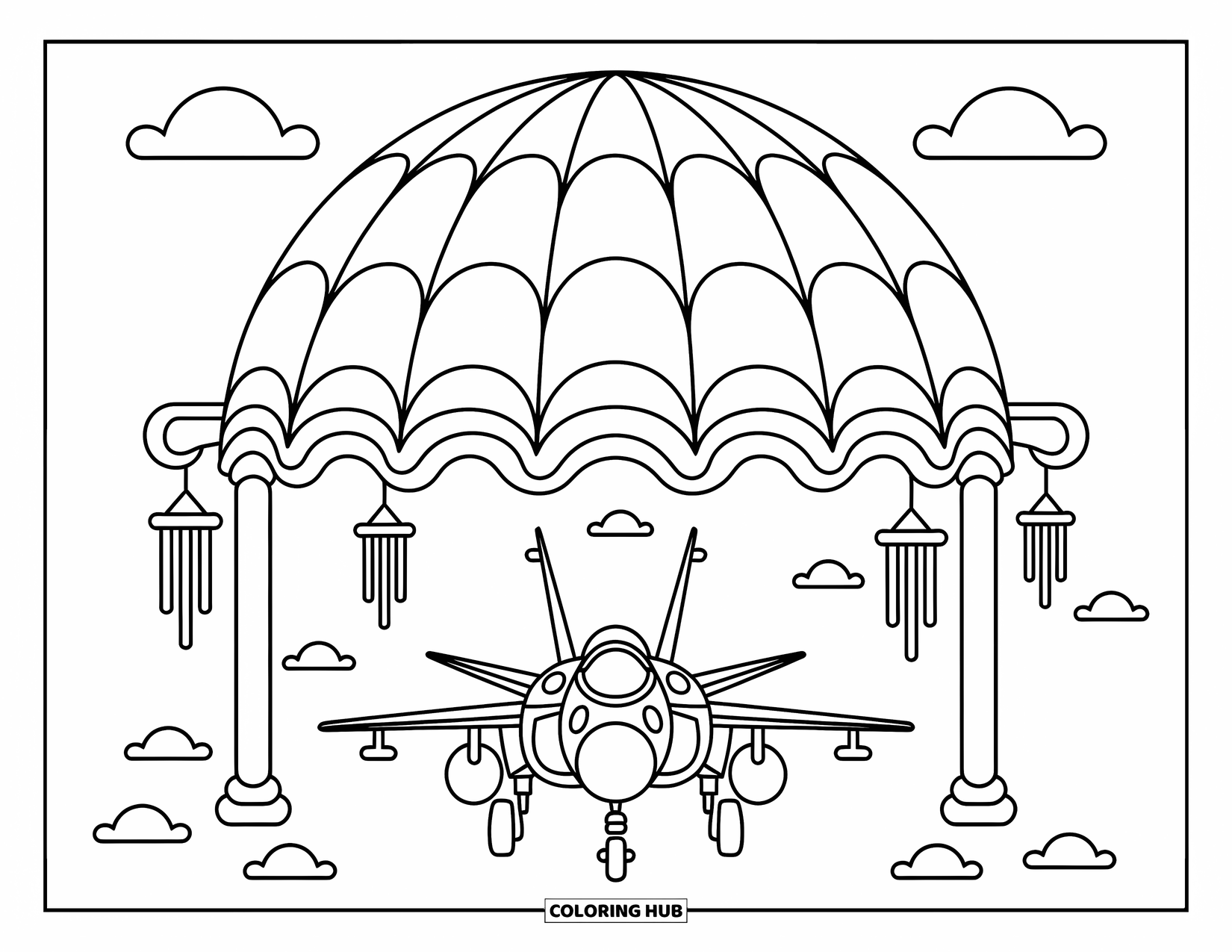 Fighter Jet Coloring Page for Adults: A jet parks quietly beneath a floating dome with soft clouds and hanging chimes
