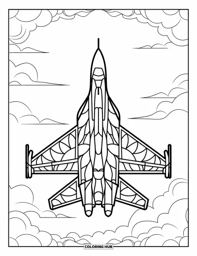 Coloriage de jet de combat pour adultes : Une silhouette d'avion en vitrail flotte parmi les nuages avec de raffinés motifs floraux