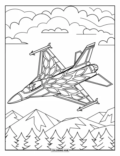 Coloriage de jet de combat pour adultes : La silhouette d'un avion est ornée de pétales de vitrail et encadrée de nuages délicats