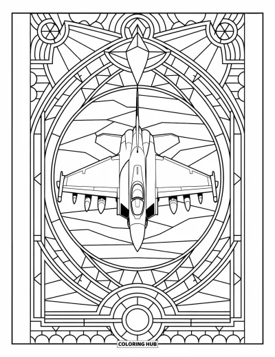Coloriage de jet de combat pour adultes : Un avion dans un cadre de vitrail fait d'étoiles et de cieux géométriques