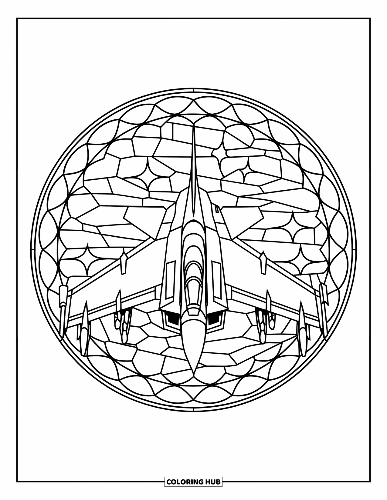 Fighter Jet Coloring Page for Adults: A jet sits inside a detailed stained glass sky filled with stars and shapes