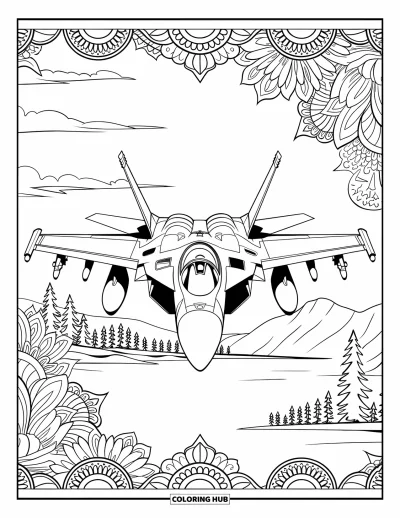Coloriage de jet de combat pour adultes : Un avion s'élève au-dessus des montagnes, encadré par des mandalas floraux et une bordure panoramique