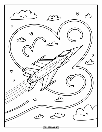 Coloriage de jet de combat pour adultes : Un avion joyeux fait des loopings dans le ciel en dessinant des cœurs et des spirales dans les nuages