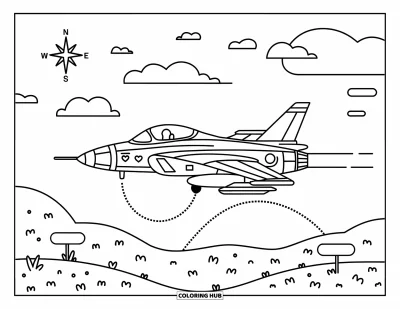 Coloriage de jet de combat pour adultes : Un avion kawaii glisse le long de chemins pointillés avec des panneaux amusants et des étiquettes flottantes