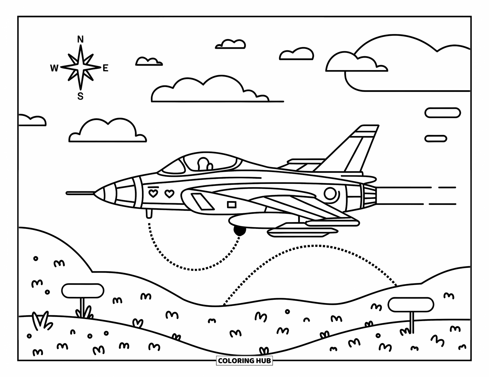 Fighter Jet Coloring Page for Adults: A kawaii jet glides along dotted paths with fun sky signs and floating labels