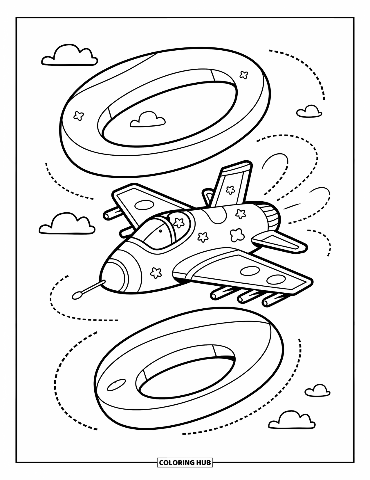 Fighter Jet Coloring Page for Adults: A kawaii jet zips through fluffy cloud rings arranged like a playful sky course